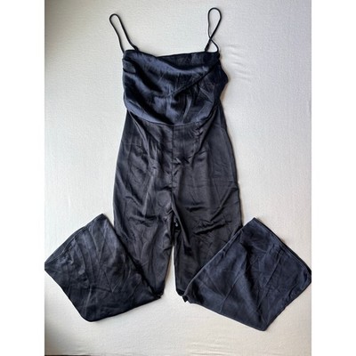 Lulus Perfect Night Navy Blue Satin Cowl Neck Culotte Jumpsuit Womens Small 