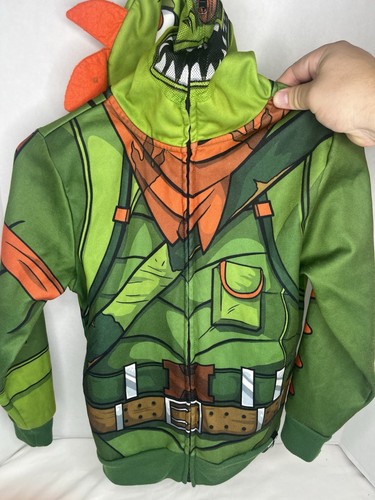 Fortnite Boys Med. Green Rex Dino Mask Cosplay Hoodie Zip Sweatshirt Jacket - Picture 6 of 7