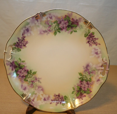 Weimar Cake Plate w/Open Handles Purple Flowers 10'' Germany
