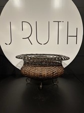TS  Vtg. Woven Rattan  Metal Footed Oval Basket  16x11x9