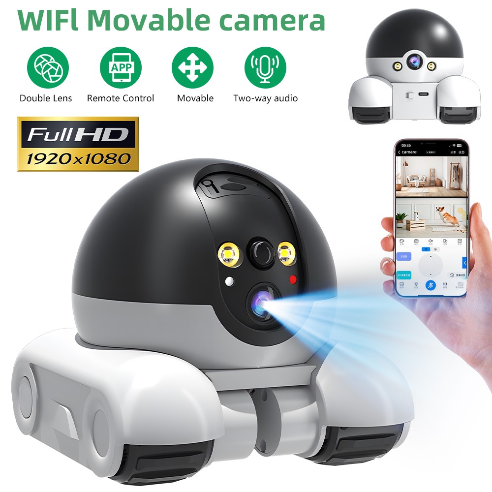 Pet Camera Robot, 2 Lens Wifi 1080P HD Movable Home Security Camera Night Vision-image