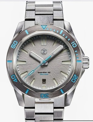 ZELOS Swordfish 42mm SS ''ARTIC'' NEW Cool Grey Dial Blue Lume SOLD OUT