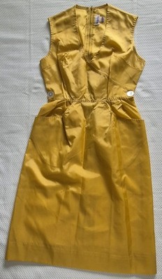 Vtg 60s Unifemme Mod Uniform Dress Sz 14 Gold Nylon Rockabilly Pockets Yellow