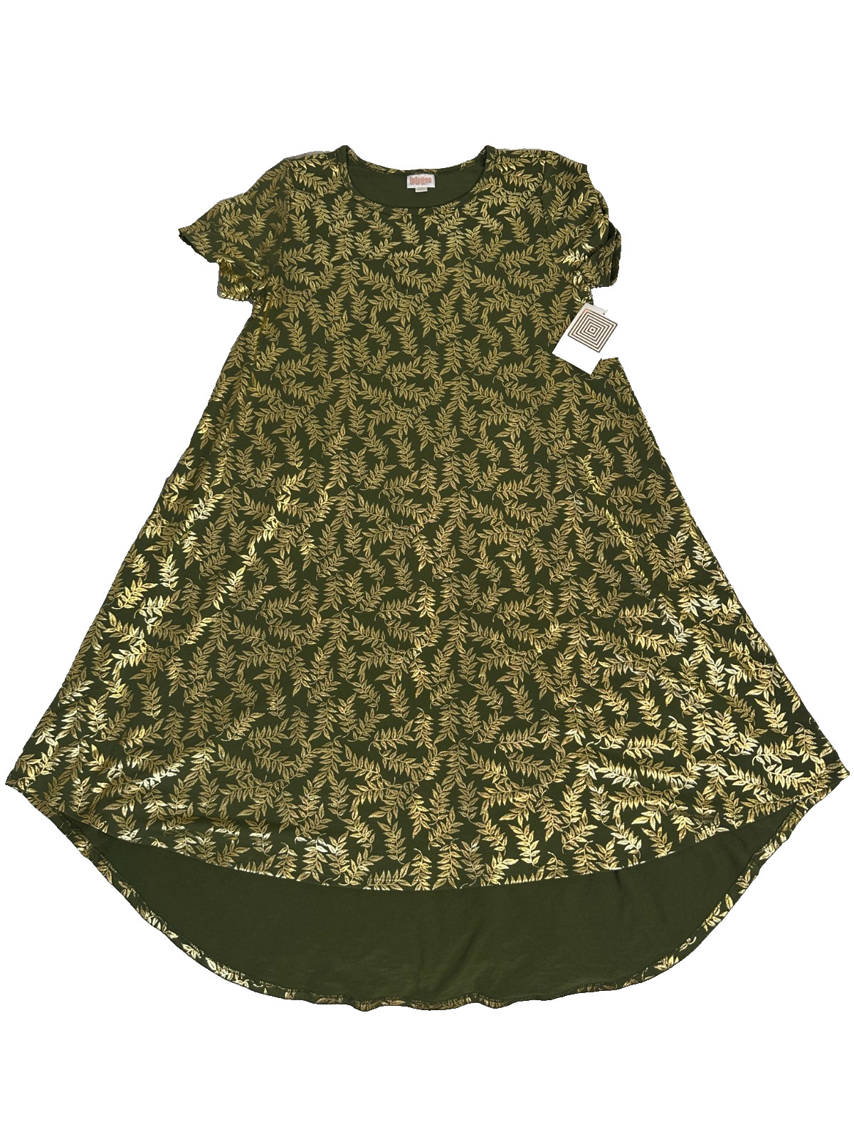LuLaRoe Carly Dress Medium NWT Olive Green Gold Foil Leaf Print Hi Low Swing