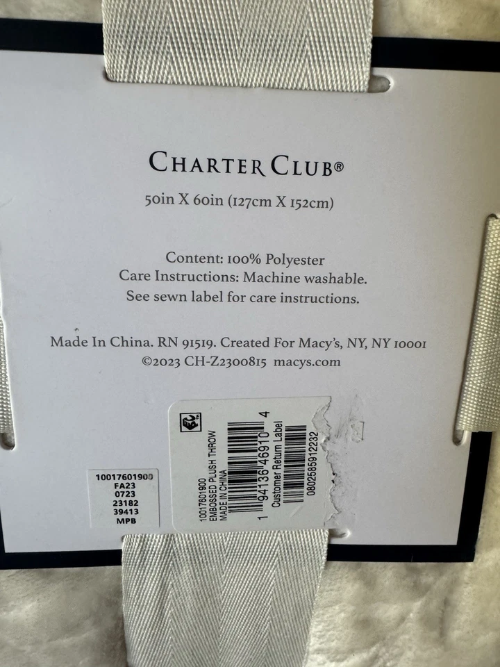 NWT Charter Club Cream Plush Embossed Sherpa Throw 50inchx60inch MachineWashable - Image 3 of 4