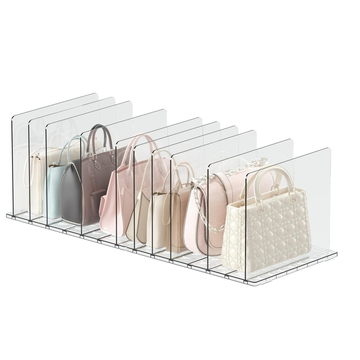Purse Organizer for Closet with 10 Dividers, Adjustable Acrylic