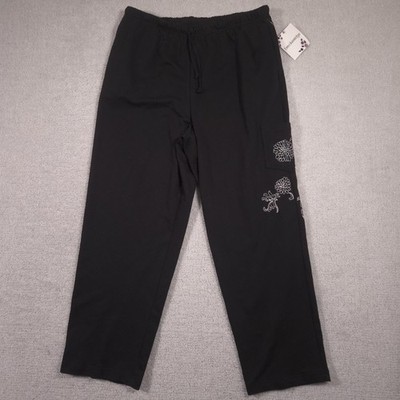 Breckenridge Sweatpants Womens XL Black Jersey Floral Rhinestone Fall Blooms
