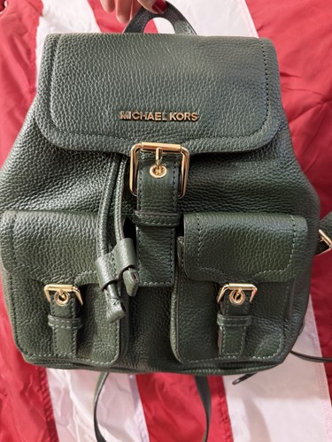Michael Kors Green Pebbled Small Backpack Gold Hardware Buckle Drawstring Strap