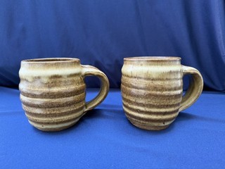 Pair of Vintage Studio Pottery Stoneware Mugs Speckled Brown Handmade Tankards