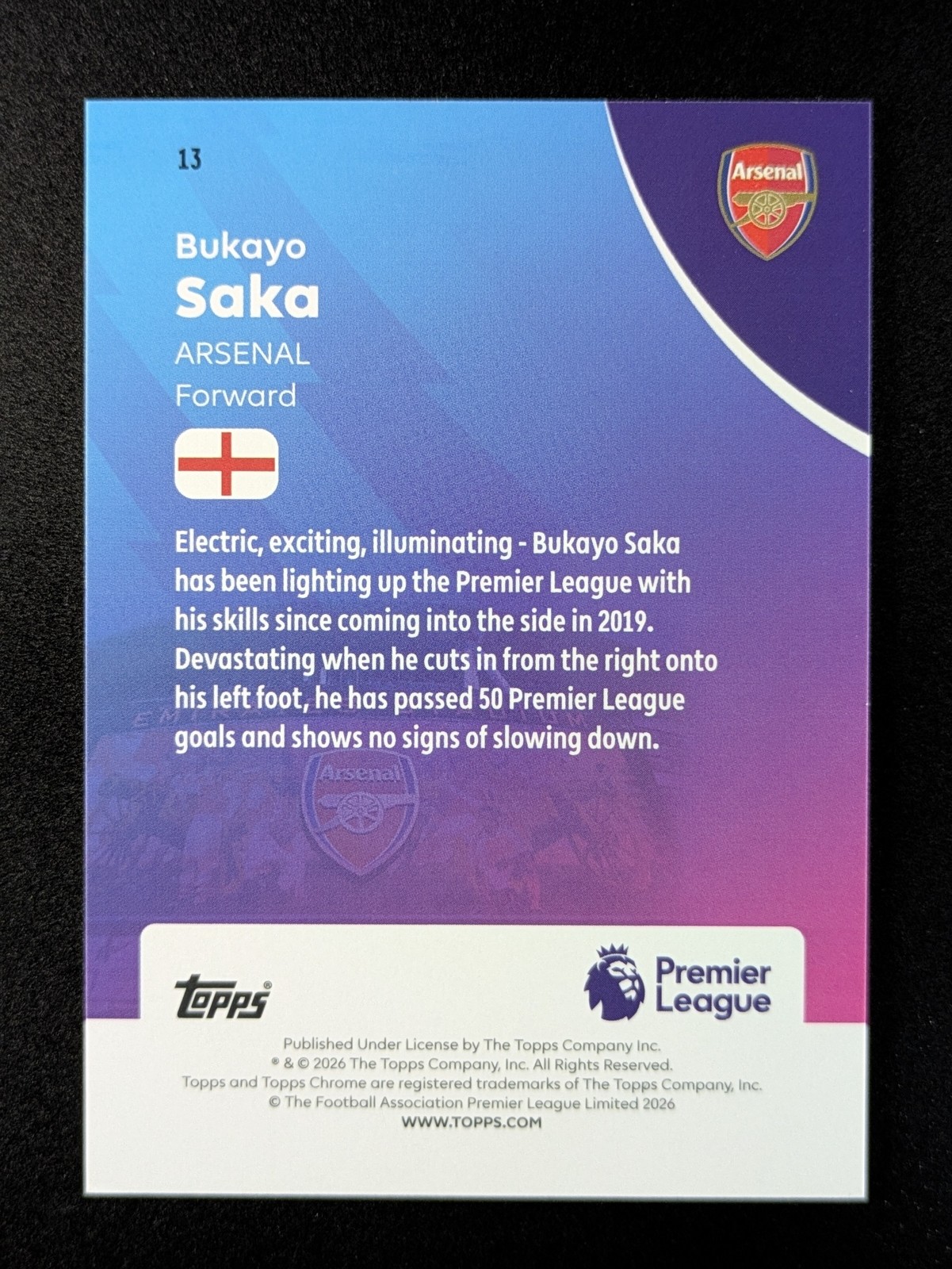 2025-26 Topps Chrome EPL BUKAYO SAKA 32/50 Gold LogoFractor Arsenal #13 view 2