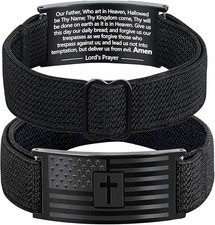 Mens Bracelet - American Flag Christian Cross Bracelet with Bible Verse, Adju...