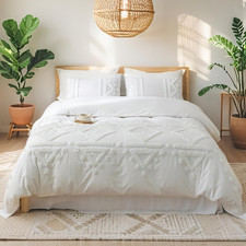 Boho Tufted Duvet Cover Set, 100 Cotton, 3Pcs Queen Farmhouse Bedding White