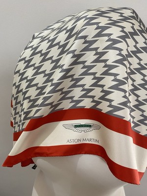 S47# Aston Martin Silk Scarf - Red Gray Lightning Print - Logo Border 34 Inch