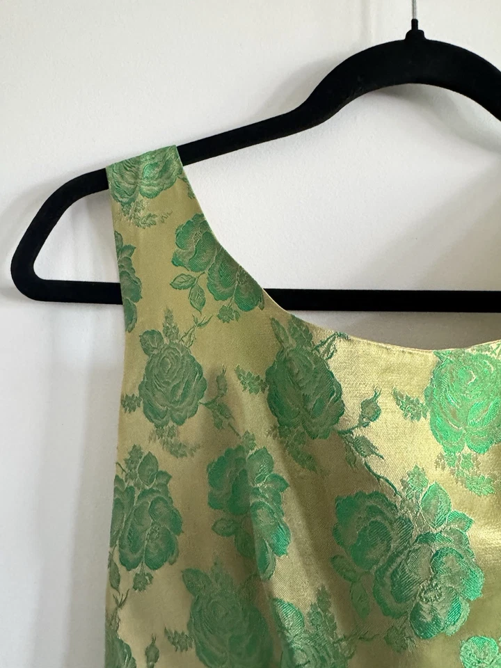 Mad Men 复古 20 世纪 60 年代定制礼服金色锦缎带绿玫瑰 — 第 4/4 张图片