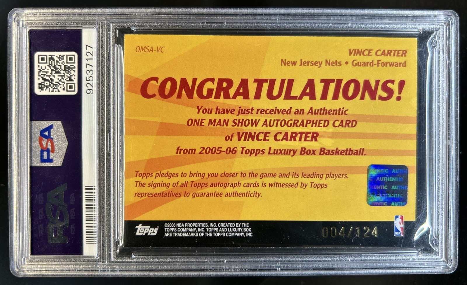 2005-06 Topps Luxury Box Vince Carter One Man Show Auto #/124 PSA Authentic 10 view 2
