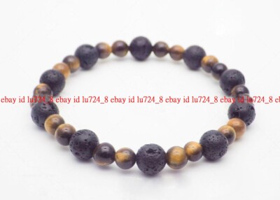 Natural 6mm Tigers Eye 8mm Lava Stone Gems Round Beads Elasticy Bracelet 7.5''