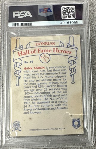 Hank Aaron Signed 1983 Donruss #34 Baseball Card Braves HOF PSA/DNA Autograph 10 - Picture 2 of 2