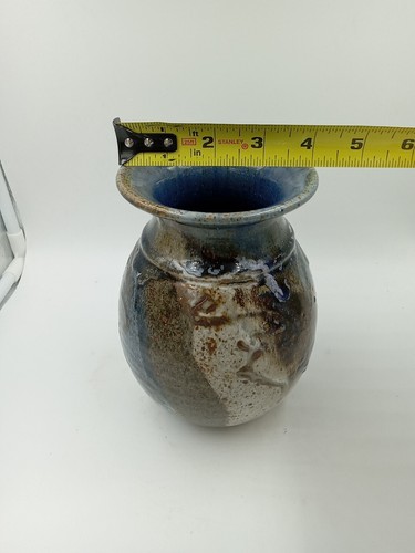 Joan Rountree Studio Art Pottery Blue, Brown Drip Glaze Stoneware Vase Signed 7" - Picture 8 of 13