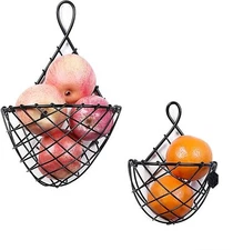 MyGift Wall-Mounted Black Metal Large & Small Hanging Produce Bins Set of 2