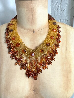 Brown Orange & Beige 3D Loop Textured Teardrop Beaded Necklace