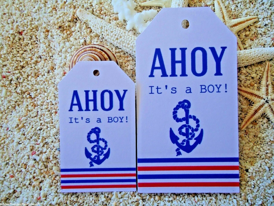 10 White Gift Tags Baby Shower Favour Bomboniere Nautical Anchor Beach Ahoy its - image 1 of 1
