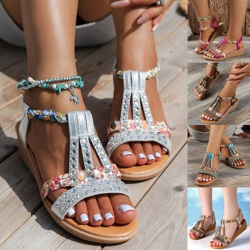 Women Fashion Summer Wedge Open Toe Sandals Rhinestone Decor Slingback Sandals - Picture 1 of 20
