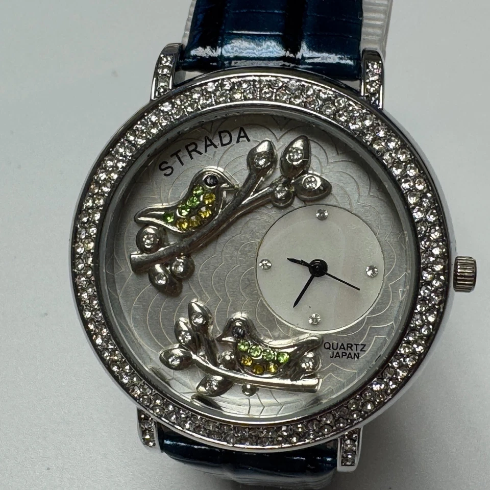 Reloj de Cuarzo Strada Unisex Plateado Estrás Cuero Azul Analógico Batería Nueva Foto 2 de 4