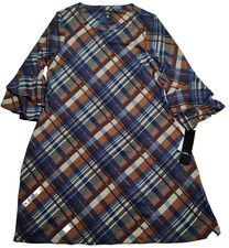 R&K Originals Women Medium Brown Blue TARTAN Plaid 3/4 Sleeve Shift Dress NEW