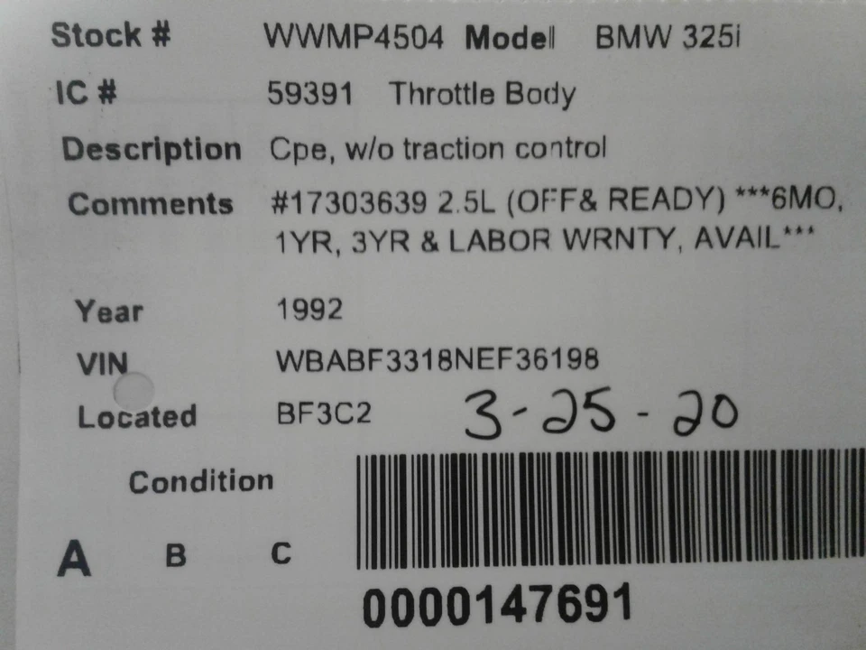 Used Fuel Injection Throttle Body fits: 1992  Bmw 325i w/o traction control G Foto 4 de 4