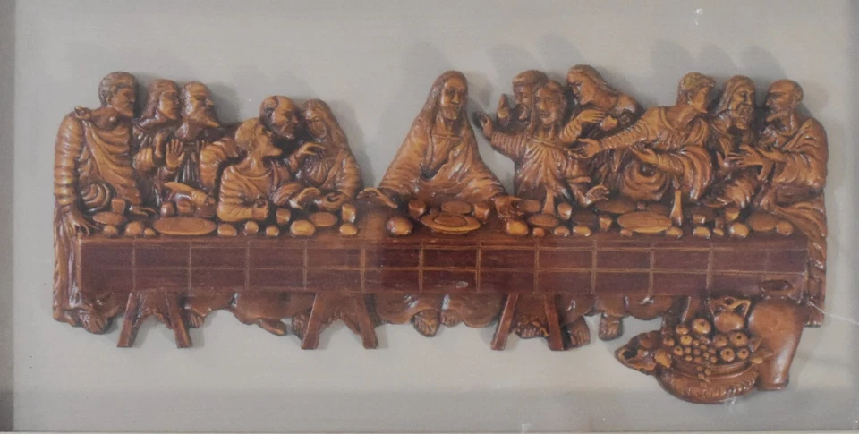 Talla de madera maciza 3D La Última Cena, marco de caoba maciza, hecho a mano, Indonesia Foto 4 de 4