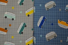 kuscheliger Sweat-Stoff French Terry mit Bulli VW-Bus blau und grau 50 x 145 cm 