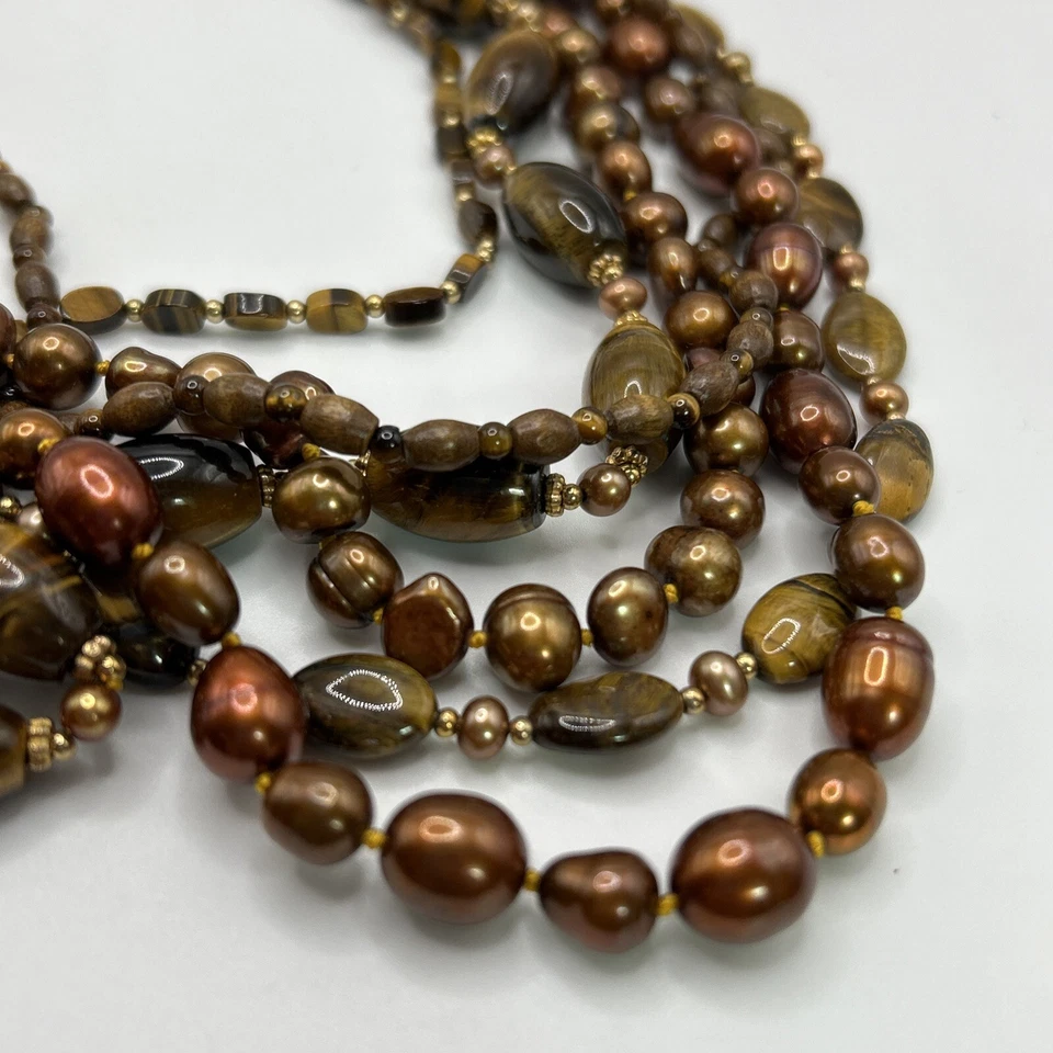 Coldwater Creek Brown Tigers Eye Pearl Beaded Multi Strand Necklace 22" Signed - Image 3 of 4