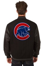MLB Chicago Cubs Wool Leather Reversible Jacket Embroidered Patch Logos Black JH