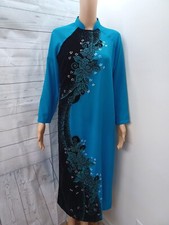 Vtg Velvet Chiffon Qipao Long Dress Chinese Vietnamese Cheongsam M Blue Slit 