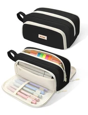 Cute Pencil Case, Aesthetic Pen Pouch with 3 Compartments, Kawaii Colored Lar