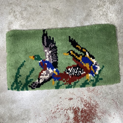 Vintage 70s Hand Made Latch Hook Rug Wall Hanging Ducks Shag 39”x21” 60s