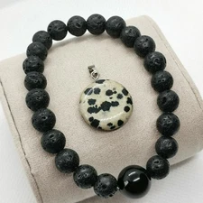  Natural Lava Bead Bracelet & Dalmation Spot Jasper Pendant  Set