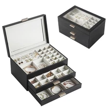 Jewelry Storage Box Clear Flip Lid Double Layer Drawer Organizer Earings Rings =