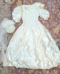 Vtg 80s Jessica McClintock Ivory Satin Wedding Gown & Hat Princess Diana Style