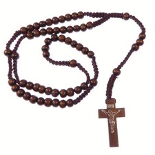 Dark Brown Wood Cord Rosary Nazareth Catholic Jesus Imprint Crucifix 8mm Beads