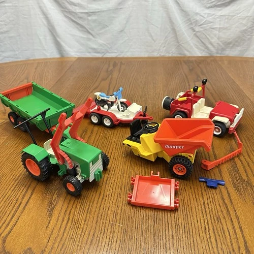 Lot Of 3 Vtg Playmobil Vehicles Tractor Trailer Jeep Trailer Construction