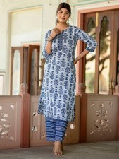 Indian Women White  Blue Cotton Ethnic Motifs Printed Kurta With Palazzo Set