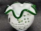 Vintage Fenton Milk Glass Green Emerald Crest Bowl Vase Ruffled Edge. Shamrock