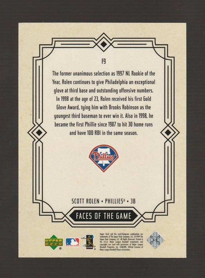 1999 Upper Deck Faces of the Game #F9 Scott Rolen card Philadelphia Phillies HOF - Image 2 of 2