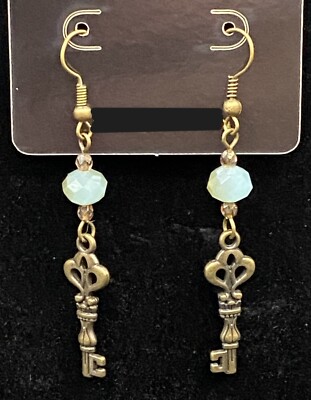 Handmade Key with Aqua Seafoam & Bronze Tone Crystal Earrings by Neanie-Bot