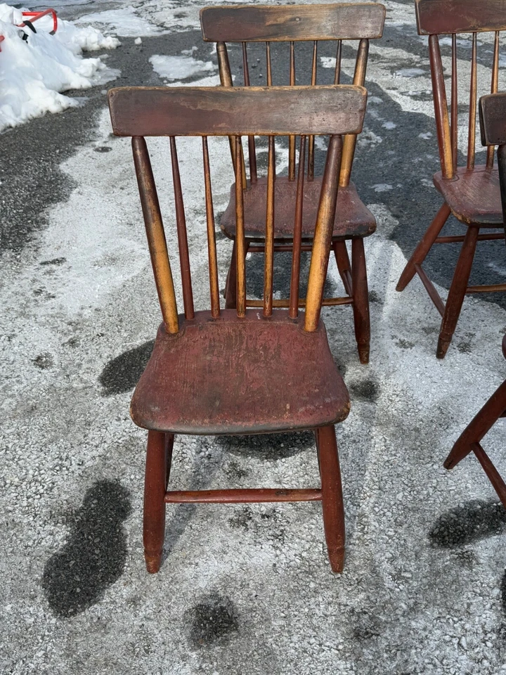 Antiguo juego de sillas Windsor de campo pintura roja decorador 1830 arte popular 6 piezas Foto 2 de 4