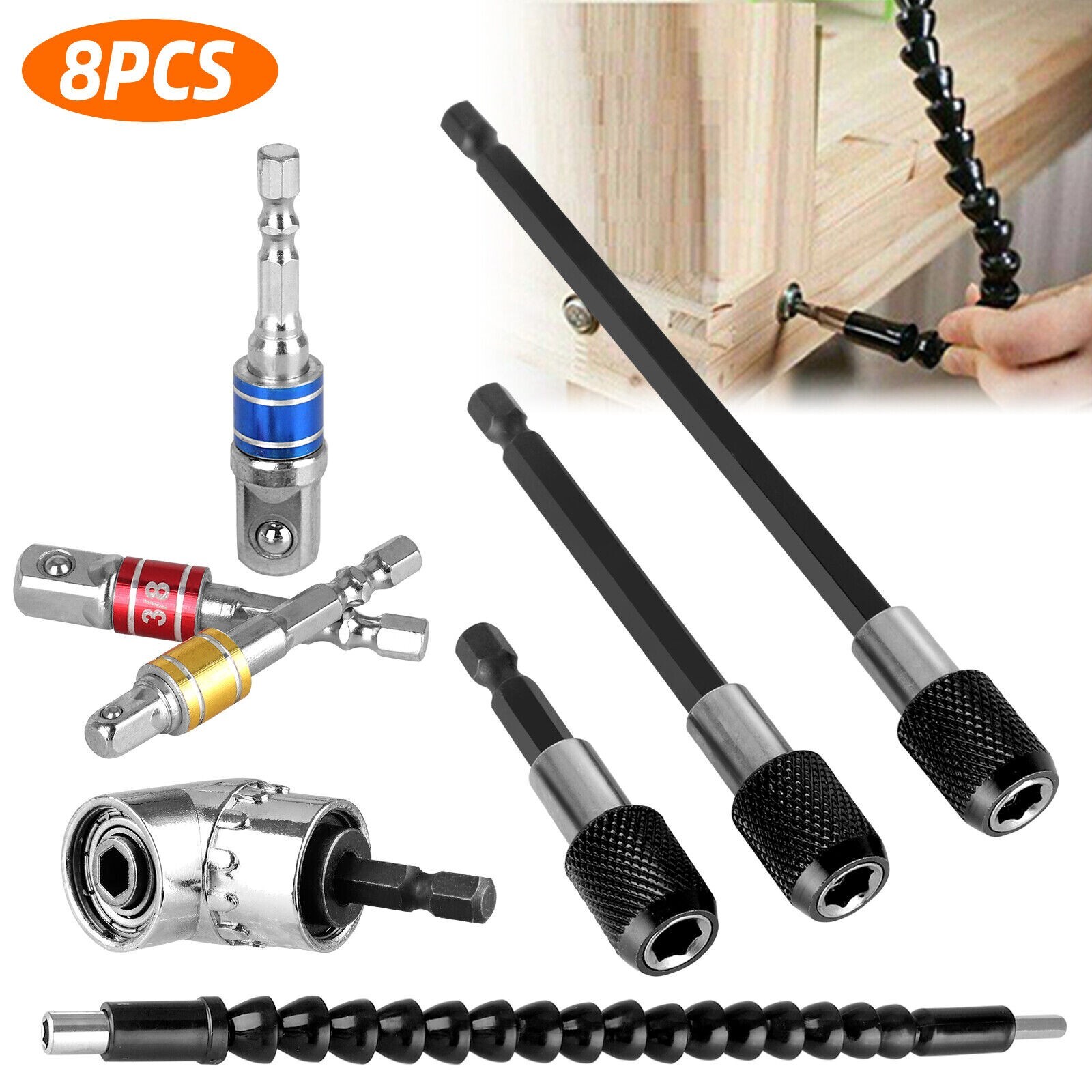 8x 105 Right Angle Drill Adapter Flexible Shaft Extension 1/4" Hex Shank Socket