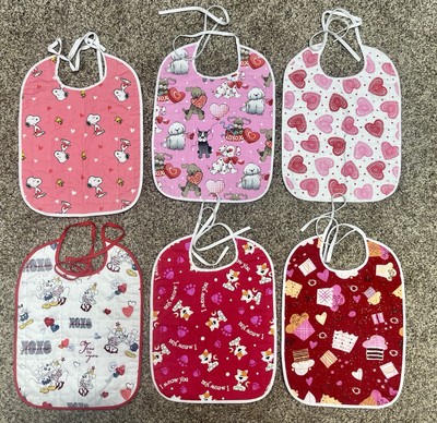 Lot Of 6 Quilted Handmade Valentine's Day Baby Bibs Large Size 12'' X 9''