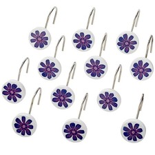 Retro Vibe Blue Floral Shower Curtain Hooks 12-pc Ceramic Metal Bath Gift NEW