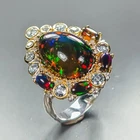 AA fire 15x10 mm Natural Black Opal Ring 925 Sterling Silver Size 7 /R473146